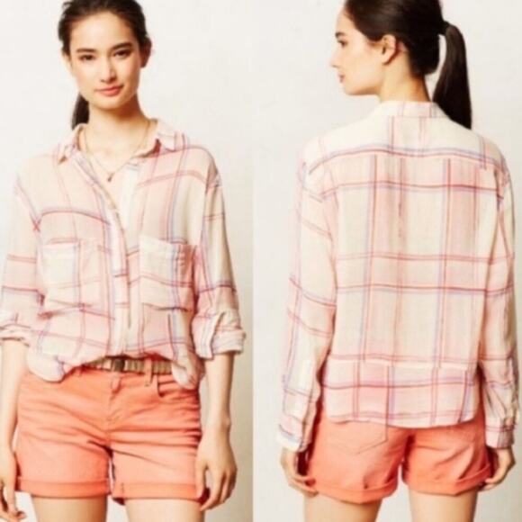 Anthropologie Holding Horses Brushed Plaid Cream/Pink Sheer Button Down Top - Picture 1 of 7